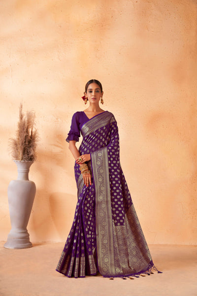 Tyrian Purple Georgette Saree with Gold Zari Work | House of Vardha