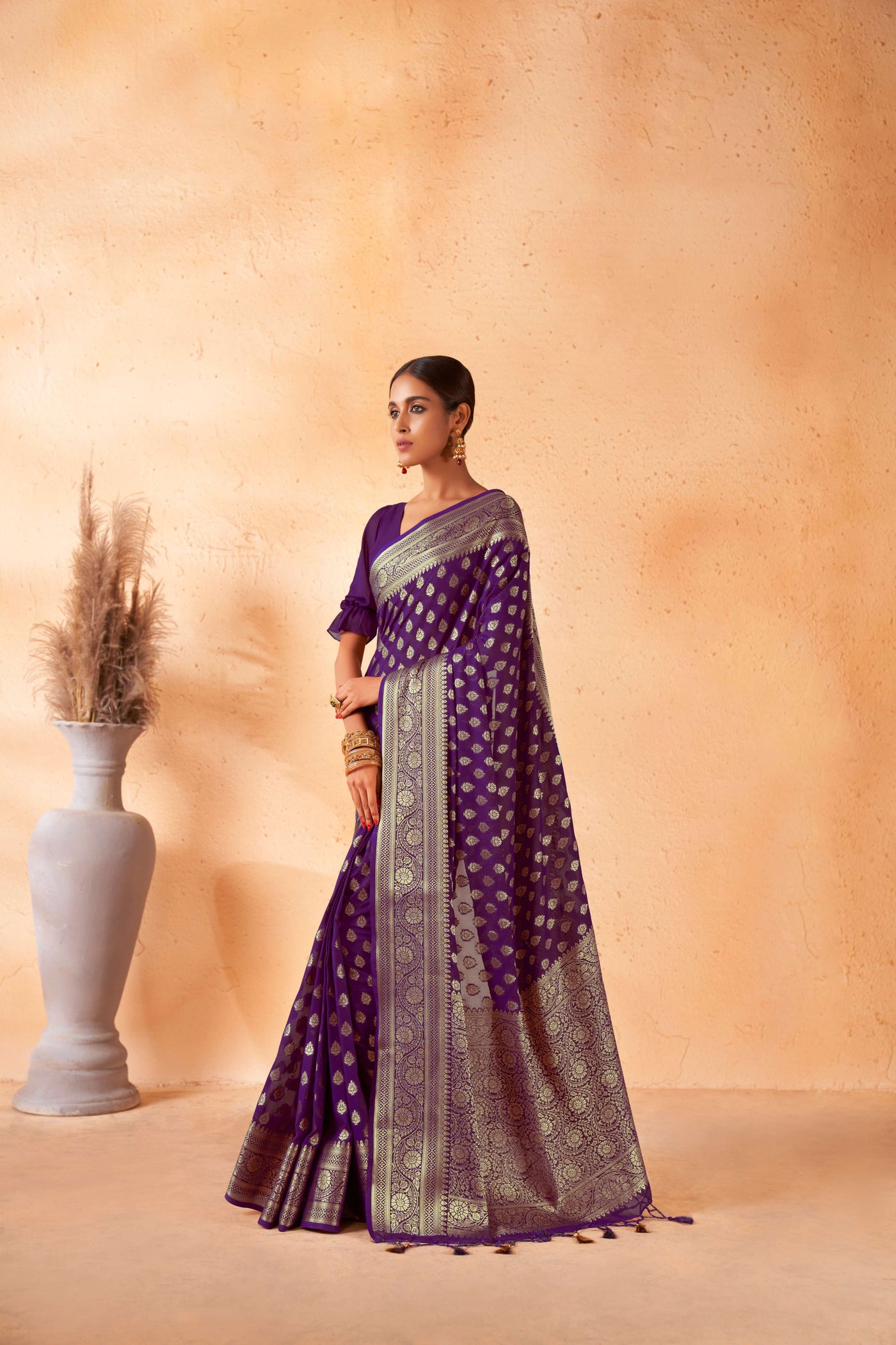 Tyrian Purple Georgette Saree with Gold Zari Work | House of Vardha