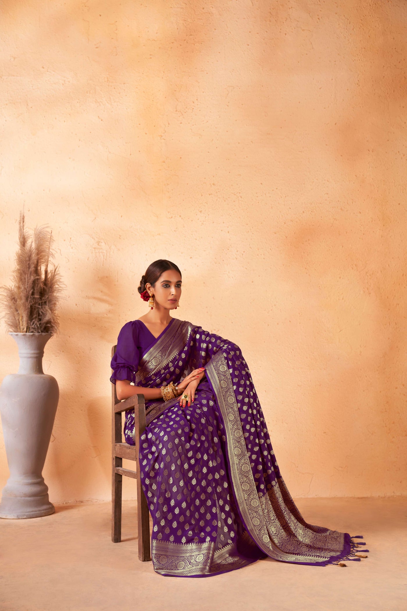 Tyrian Purple Georgette Saree with Gold Zari Work | House of Vardha