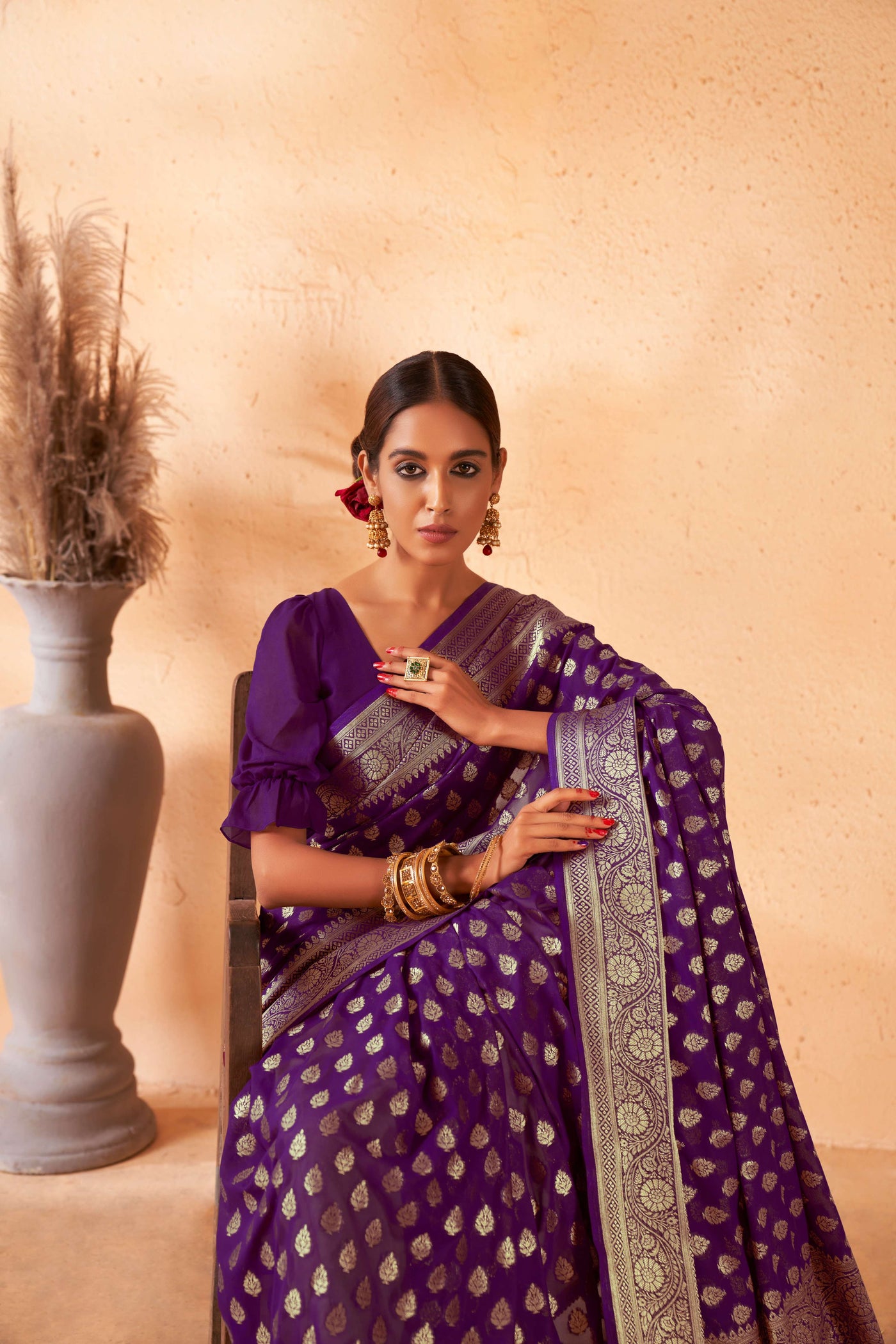 Tyrian Purple Georgette Saree with Gold Zari Work | House of Vardha