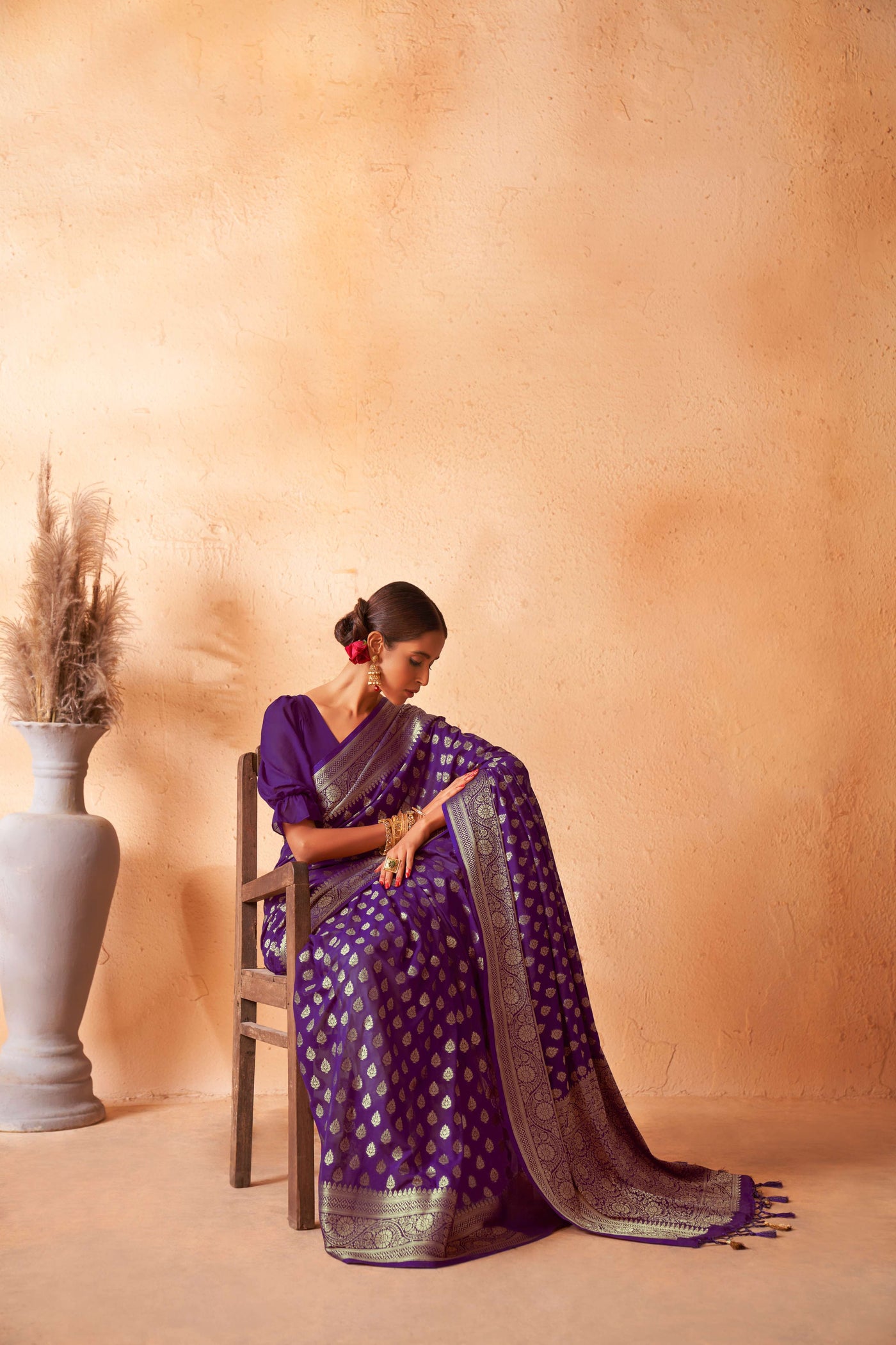 Tyrian Purple Georgette Saree with Gold Zari Work | House of Vardha