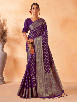 Tyrian Purple Georgette Saree with Gold Zari Work | House of Vardha