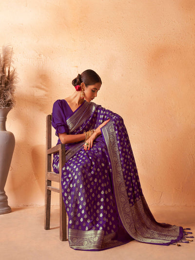 Tyrian Purple Georgette Saree with Gold Zari Work | House of Vardha