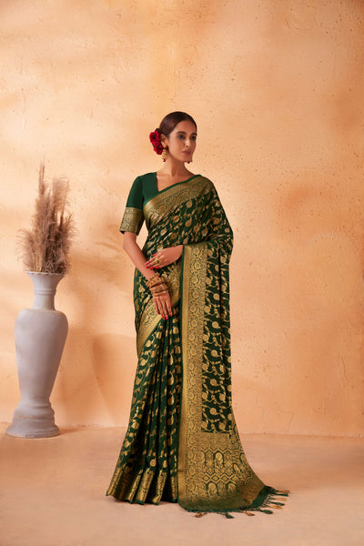 Buy British Racing Green Georgette Saree with Gold Zari Work | House of Vardha