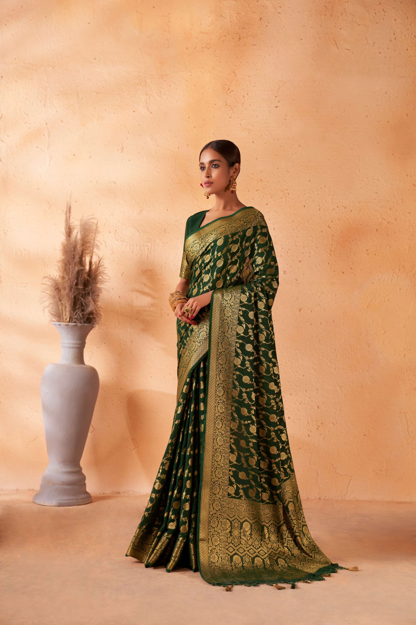 Buy British Racing Green Georgette Saree with Gold Zari Work | House of Vardha