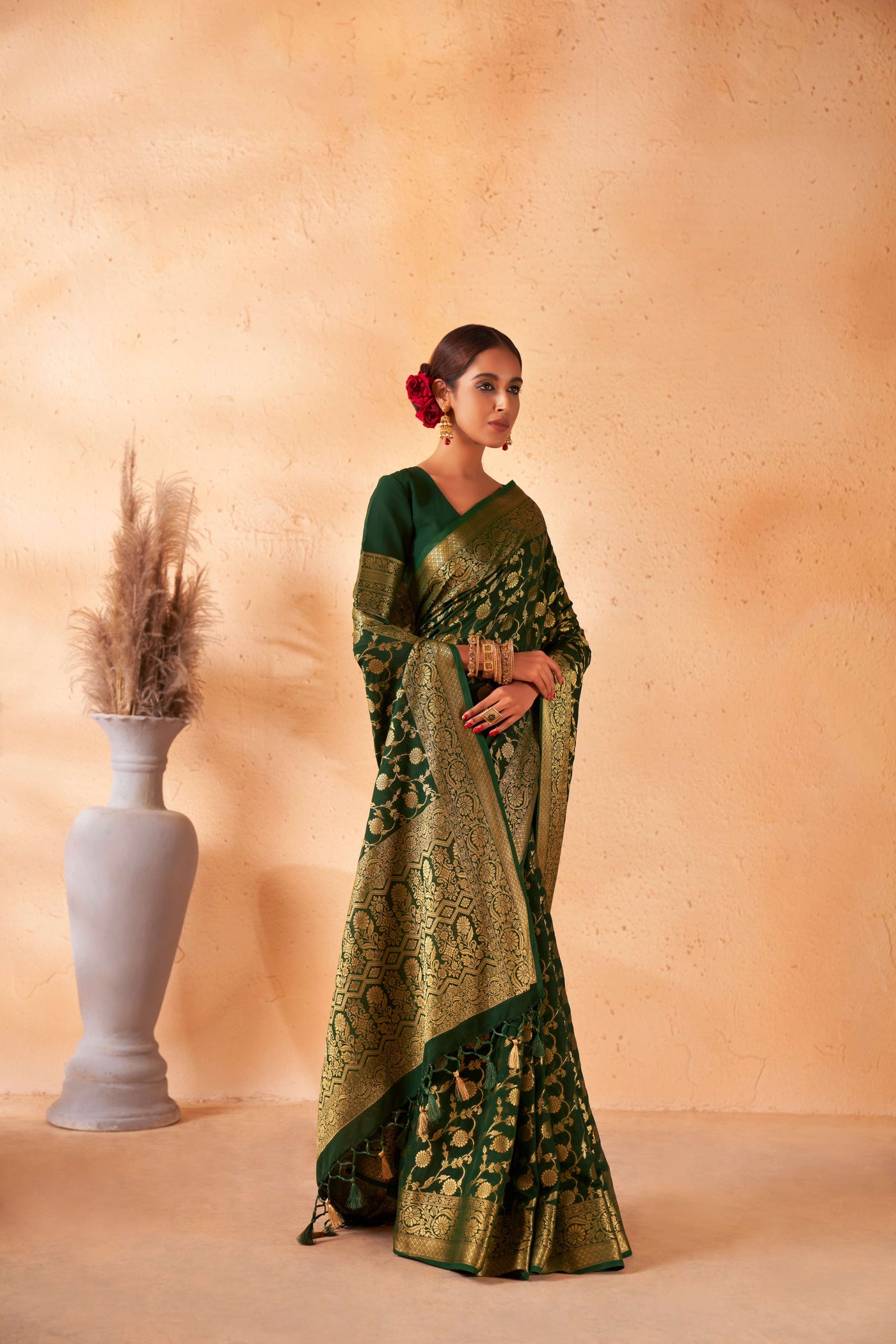 Buy British Racing Green Georgette Saree with Gold Zari Work | House of Vardha