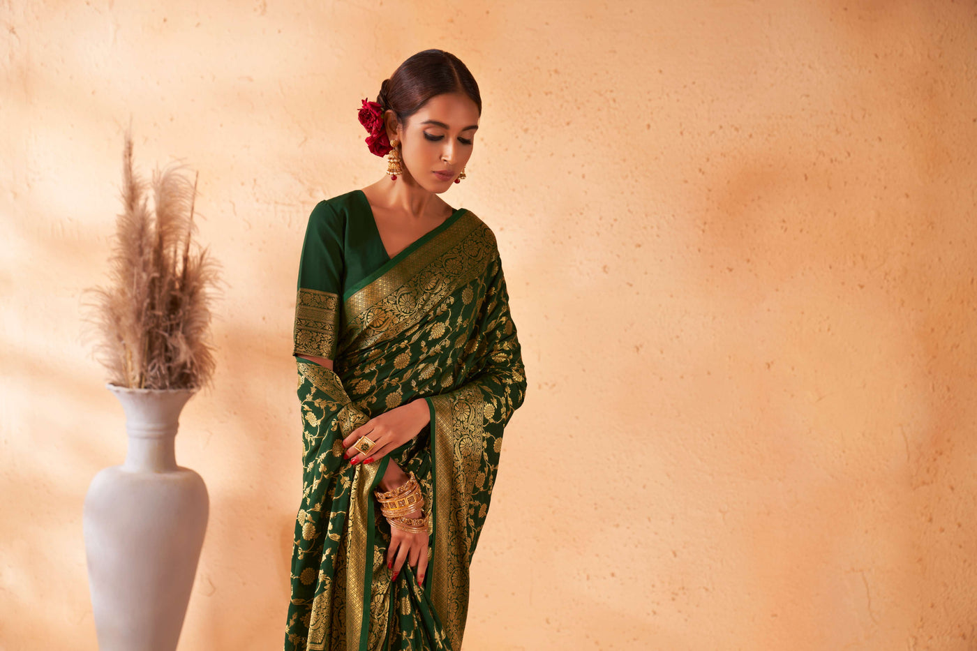 Buy British Racing Green Georgette Saree with Gold Zari Work | House of Vardha