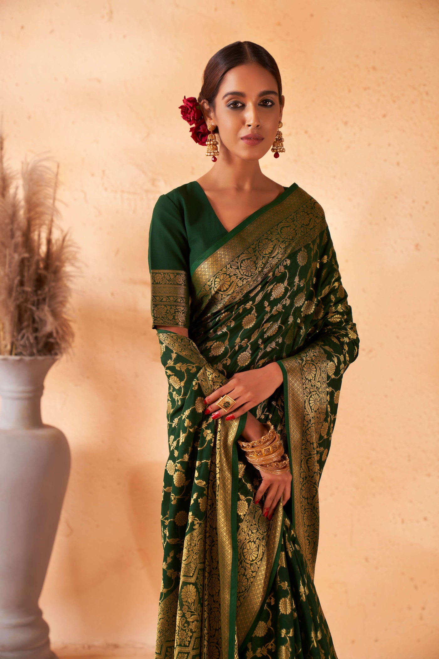 Buy British Racing Green Georgette Saree with Gold Zari Work | House of Vardha