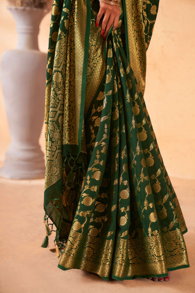 Buy British Racing Green Georgette Saree with Gold Zari Work | House of Vardha