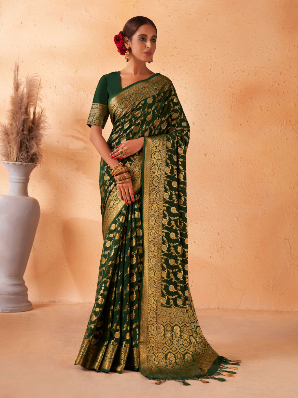 Buy British Racing Green Georgette Saree with Gold Zari Work  | House of Vardha