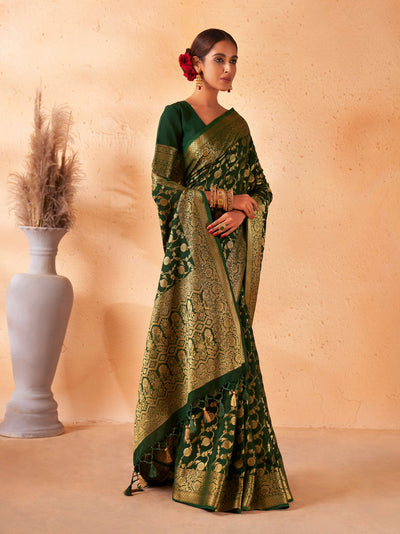 Buy British Racing Green Georgette Saree with Gold Zari Work | House of Vardha