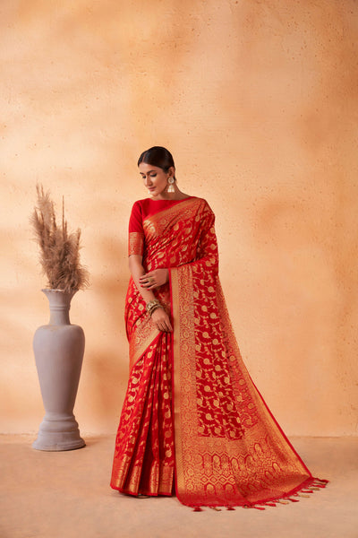 Cardinal Red Gold Zari Georgette Viscose Saree