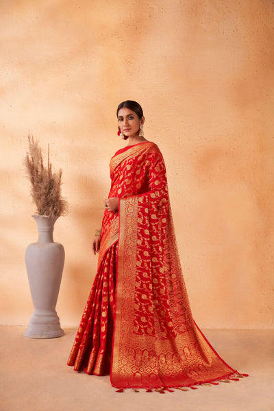 Cardinal Red Gold Zari Georgette Viscose Saree