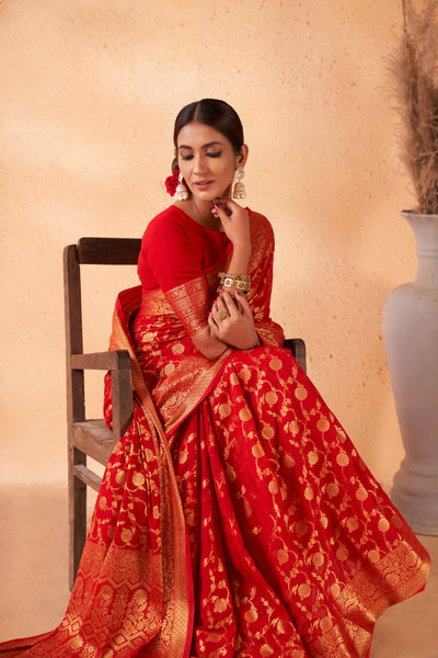 Cardinal Red Gold Zari Georgette Viscose Saree