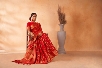 Cardinal Red Gold Zari Georgette Viscose Saree