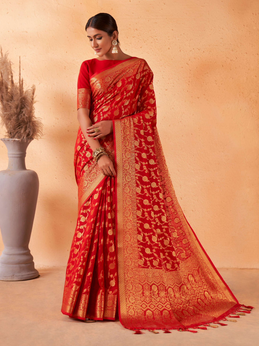 Cardinal Red Gold Zari Georgette Viscose Saree