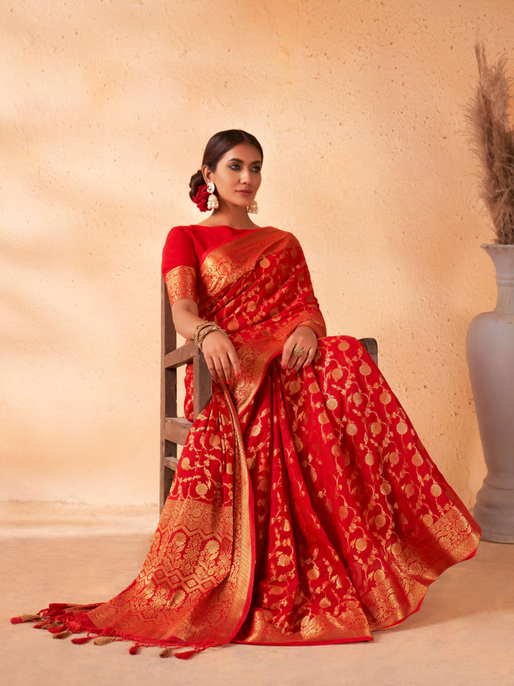 Cardinal Red Gold Zari Georgette Viscose Saree