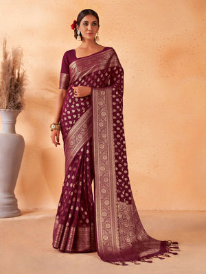 Maroon Gold Zari Viscose Georgette Saree | House of Vardha