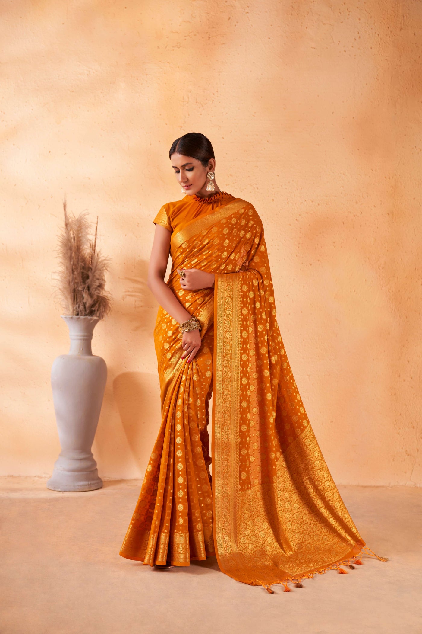 Mustard Yellow Gold Zari Khaddi Banarasi Georgette Saree | House of Vardha