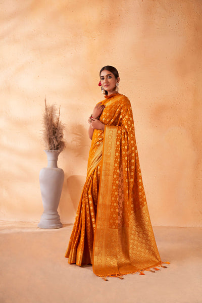 Mustard Yellow Gold Zari Khaddi Banarasi Georgette Saree | House of Vardha