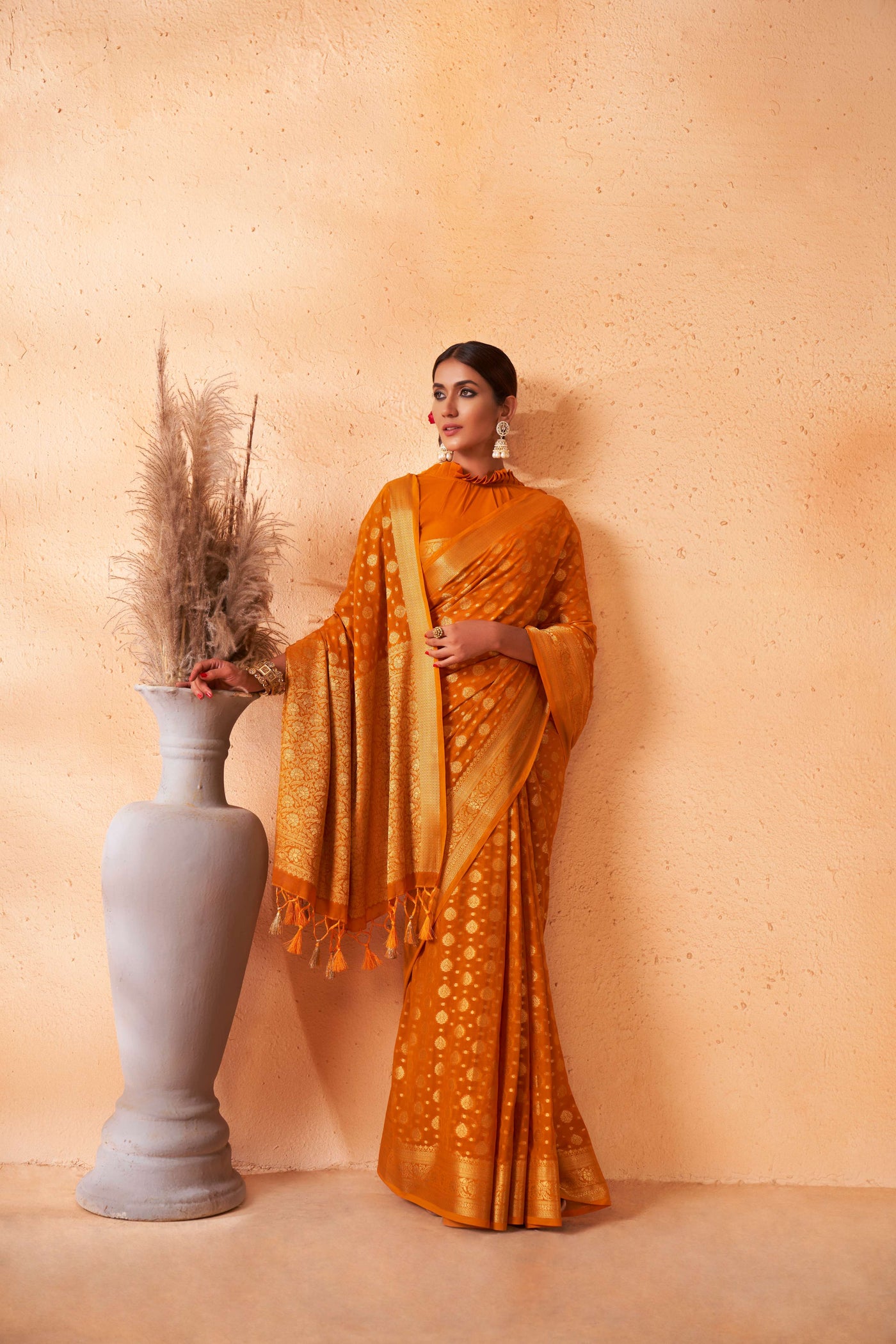 Mustard Yellow Gold Zari Khaddi Banarasi Georgette Saree | House of Vardha