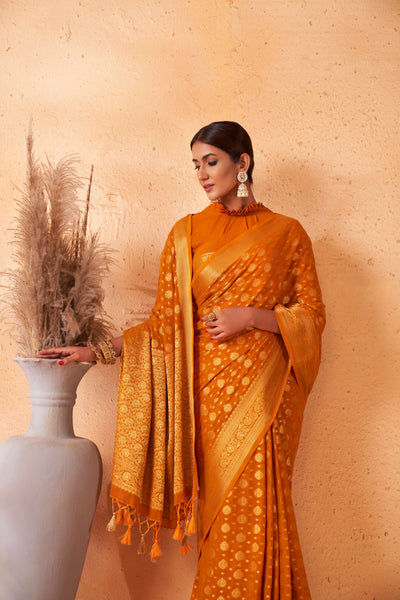 Mustard Yellow Gold Zari Khaddi Banarasi Georgette Saree | House of Vardha