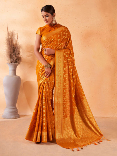 Mustard Yellow Gold Zari Khaddi Banarasi Georgette Saree | House of Vardha