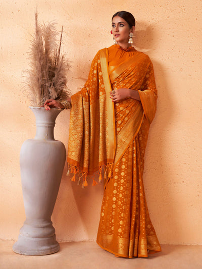 Mustard Yellow Gold Zari Khaddi Banarasi Georgette Saree | House of Vardha