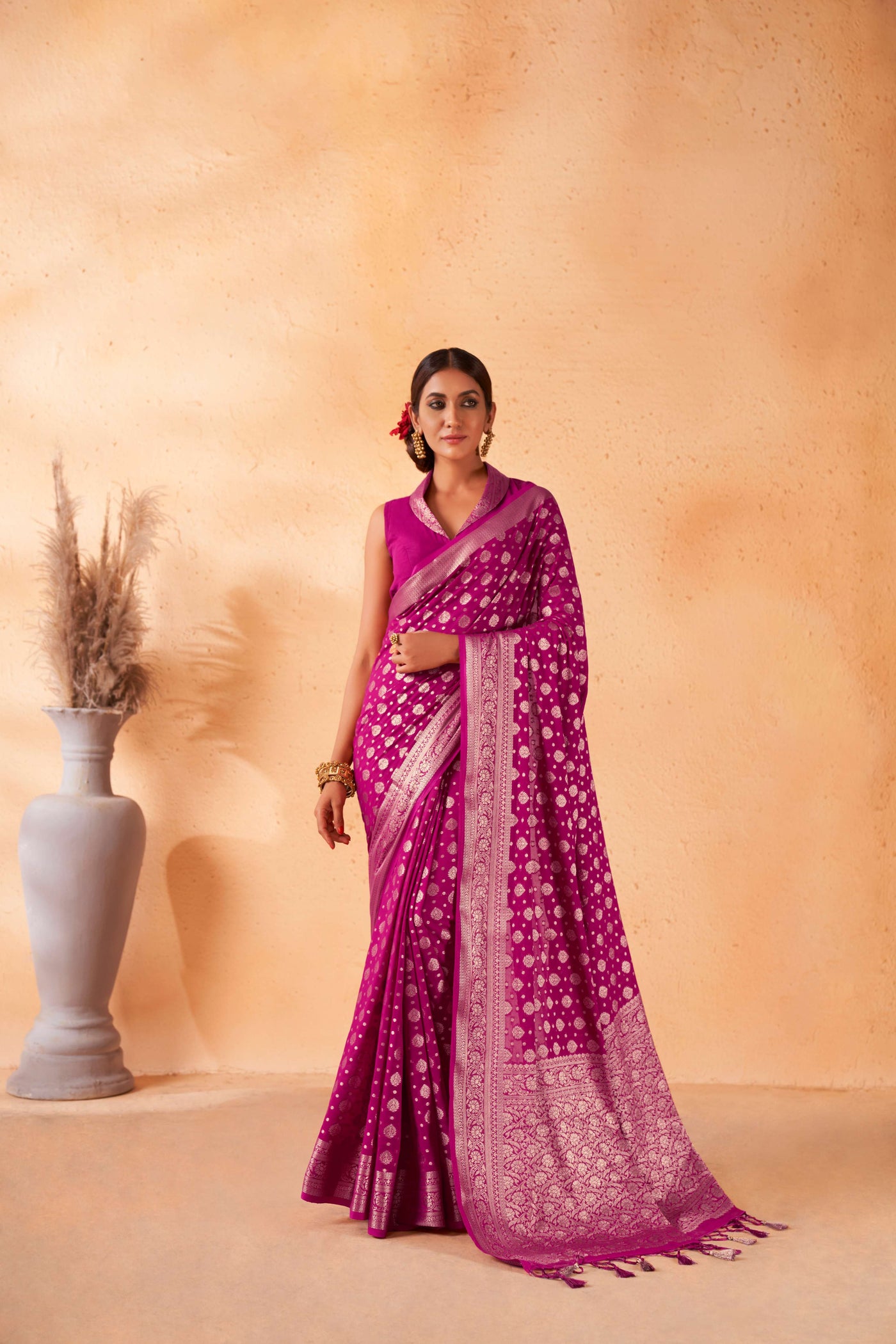 Fuchsia Pink Gold Zari Khaddi Banarasi Georgette Saree | House of Vardha