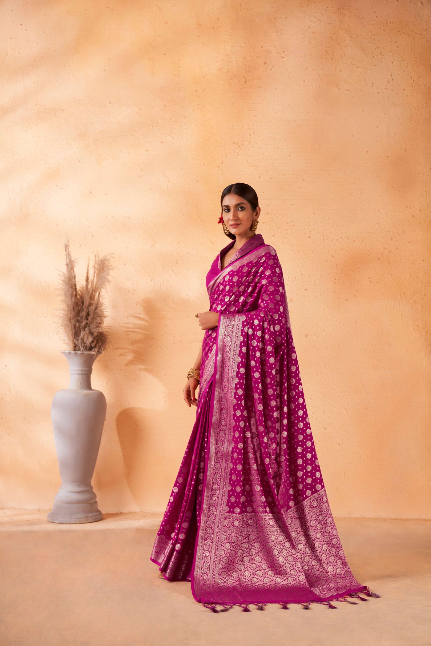 Fuchsia Pink Gold Zari Khaddi Banarasi Georgette Saree | House of Vardha