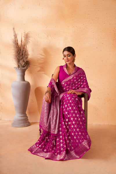 Fuchsia Pink Gold Zari Khaddi Banarasi Georgette Saree | House of Vardha