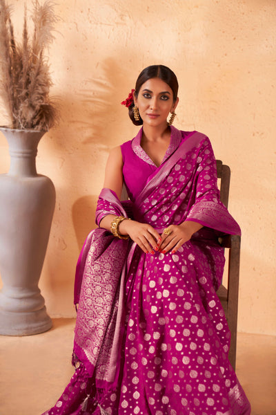 Fuchsia Pink Gold Zari Khaddi Banarasi Georgette Saree | House of Vardha