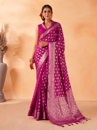 Fuchsia Pink Gold Zari Khaddi Banarasi Georgette Saree | House of Vardha