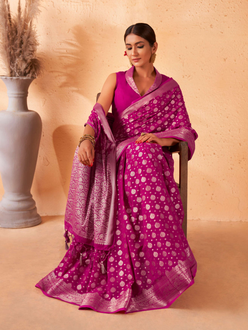 Fuchsia Pink Gold Zari Khaddi Banarasi Georgette Saree | House of Vardha