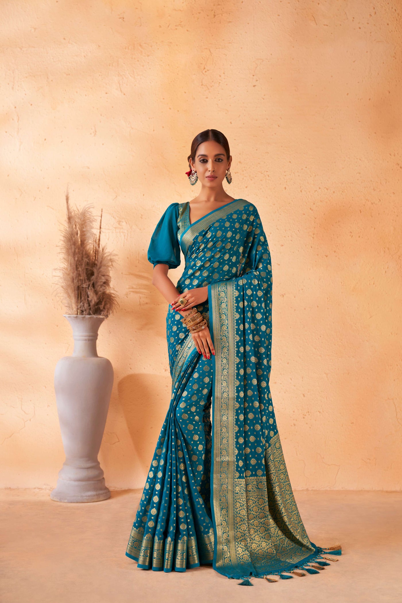 Teal Blue Gold Zari Viscose Georgette Saree | House of Vardha