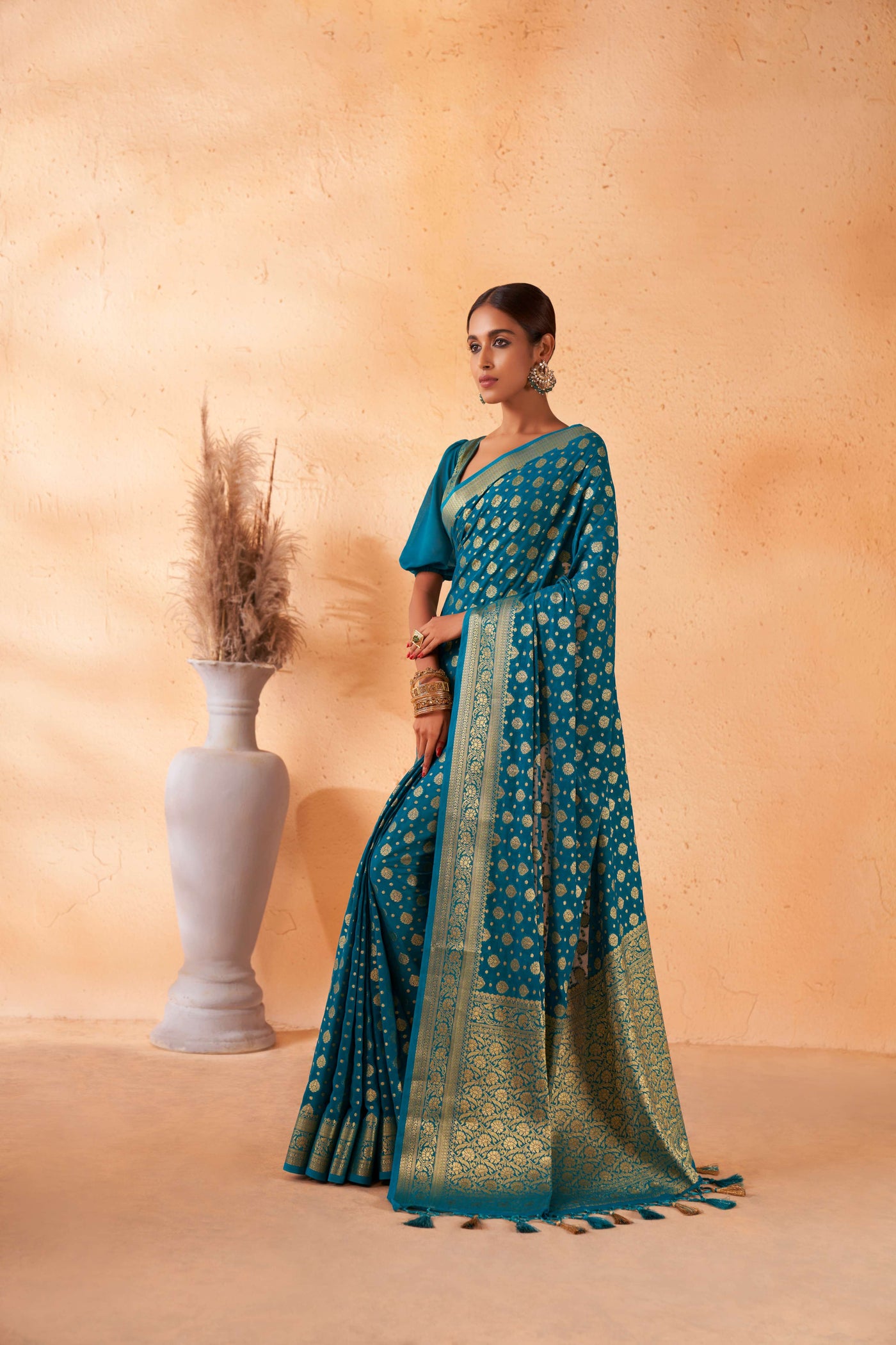 Teal Blue Gold Zari Viscose Georgette Saree | House of Vardha