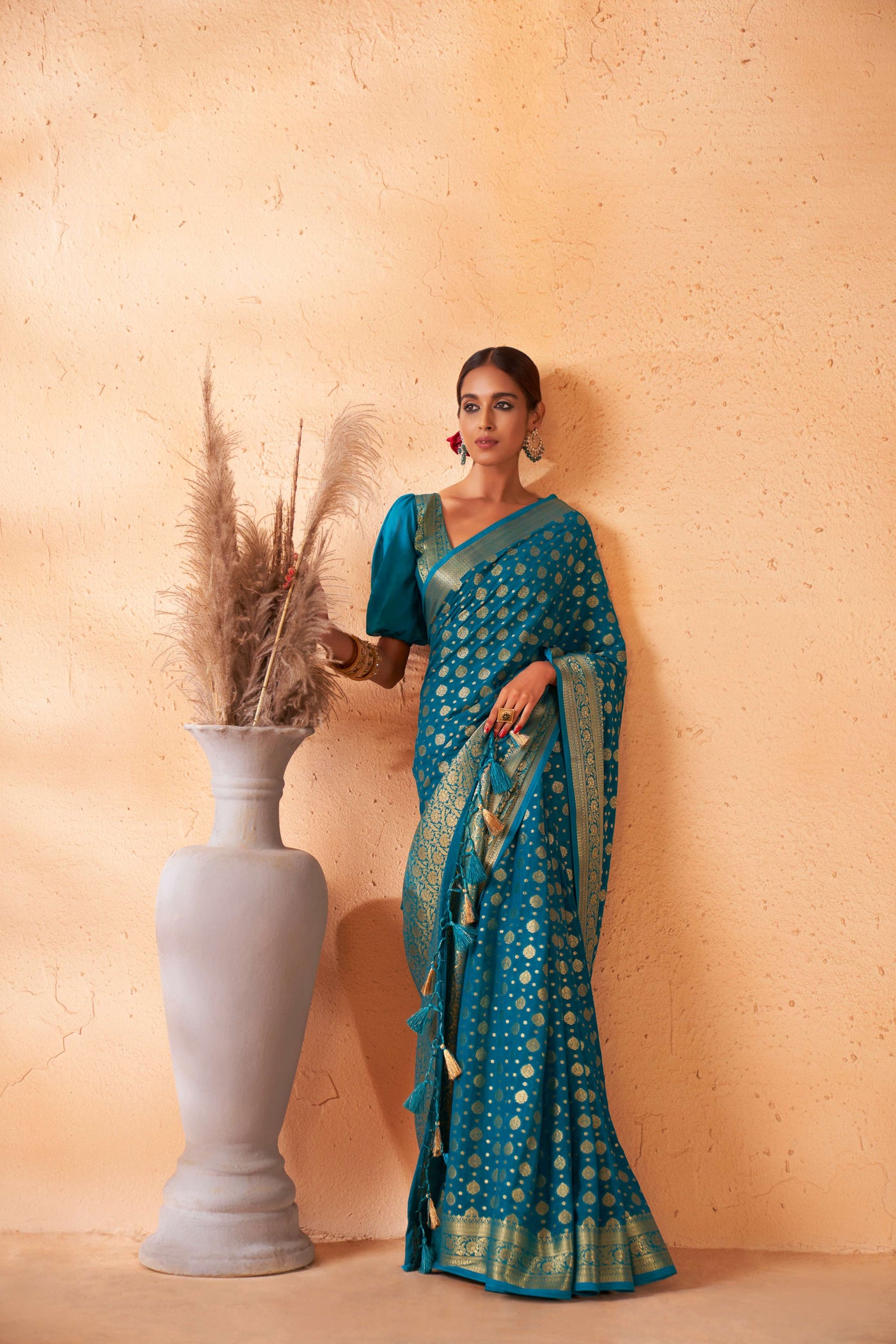 Teal Blue Gold Zari Viscose Georgette Saree | House of Vardha