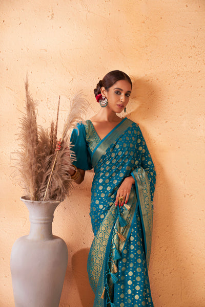 Teal Blue Gold Zari Viscose Georgette Saree | House of Vardha