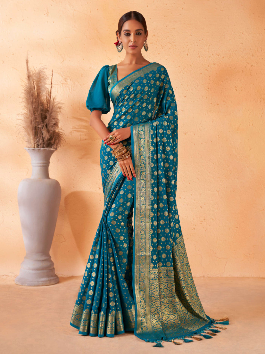 Teal Blue Gold Zari Viscose Georgette Saree | House of Vardha