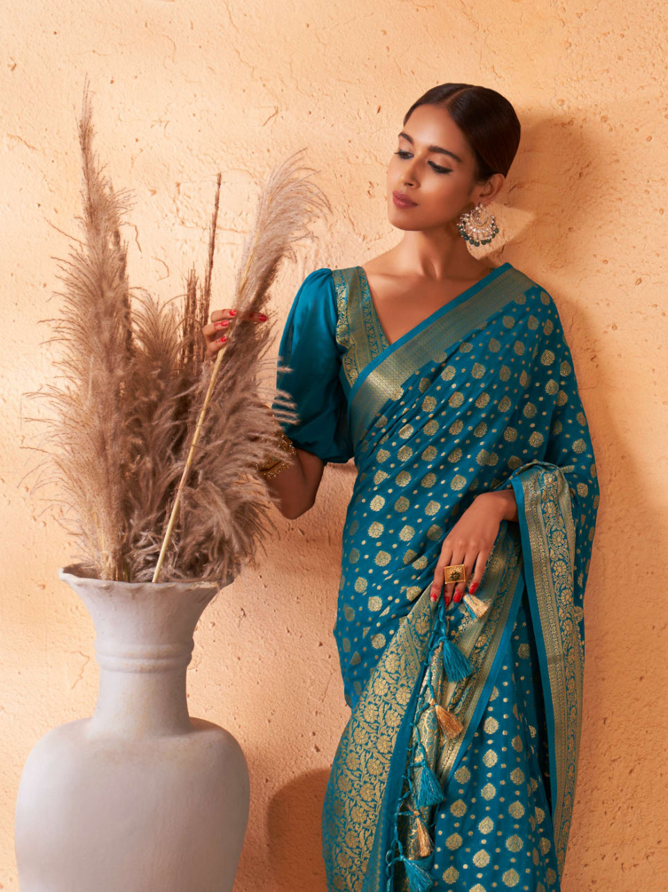 Teal Blue Gold Zari Viscose Georgette Saree | House of Vardha