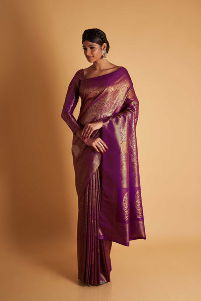 Wine Gold Copper Silver Zari Kanjeevaram Saree