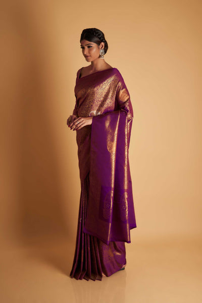 Wine Gold Copper Silver Zari Kanjeevaram Saree