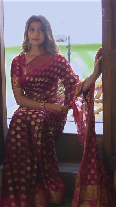Magenta Pink Golden Zari Banarasi Chiffon Saree