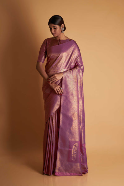 Lilac Gold Copper Silver Zari Kanjeevaram Saree