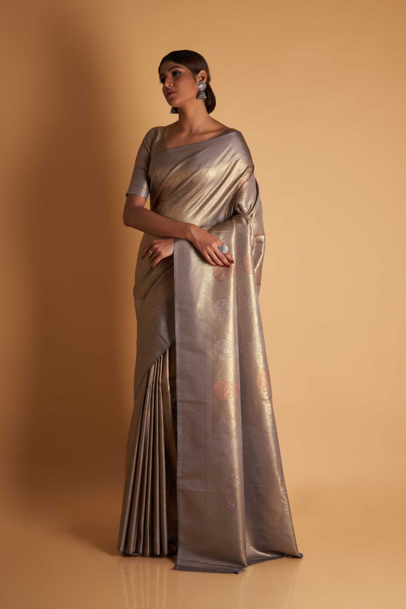 Grey Gold Copper Silver Zari Kanjeevaram Saree