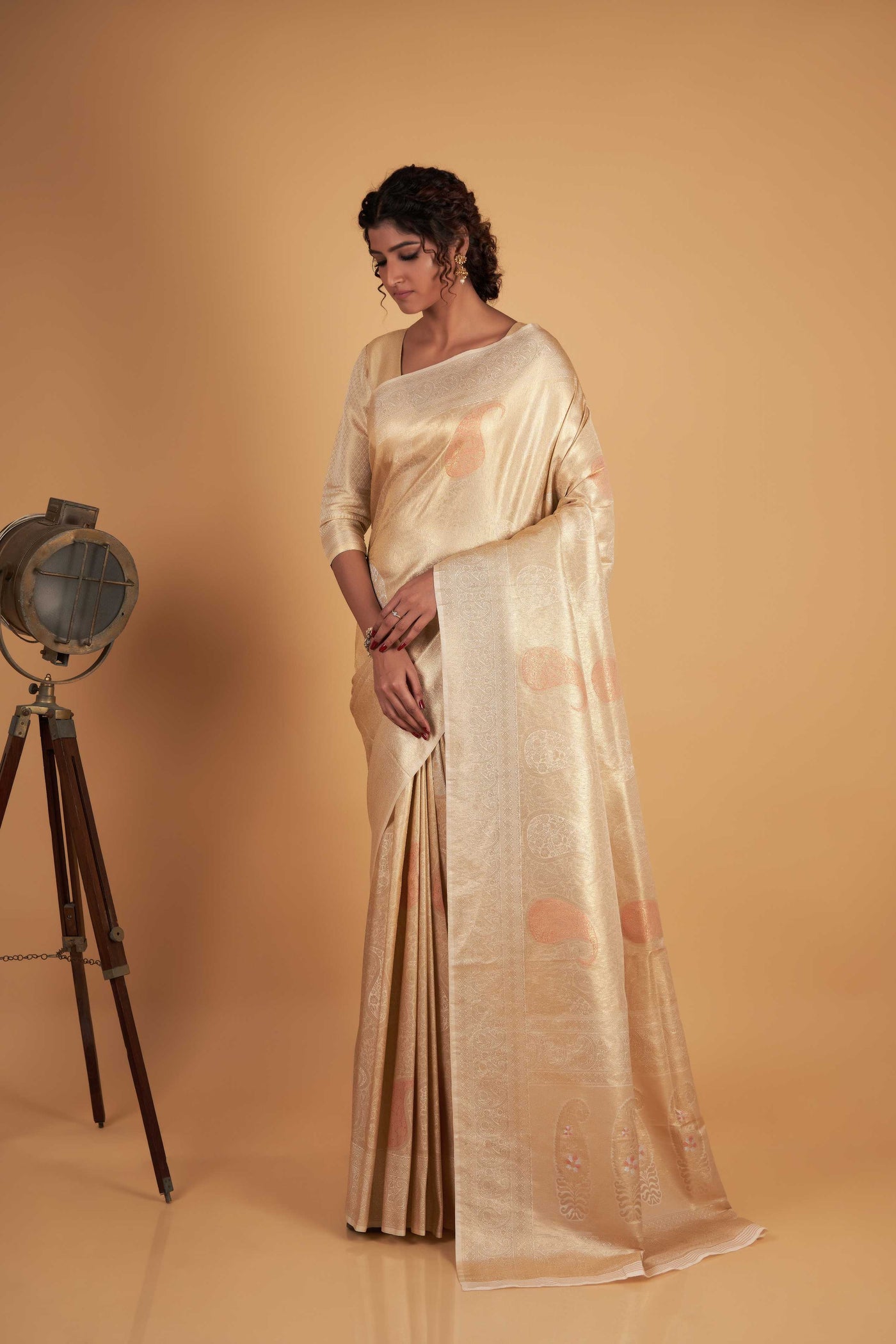 Off-White Gold Copper Silver Zari Kanjeevaram Saree