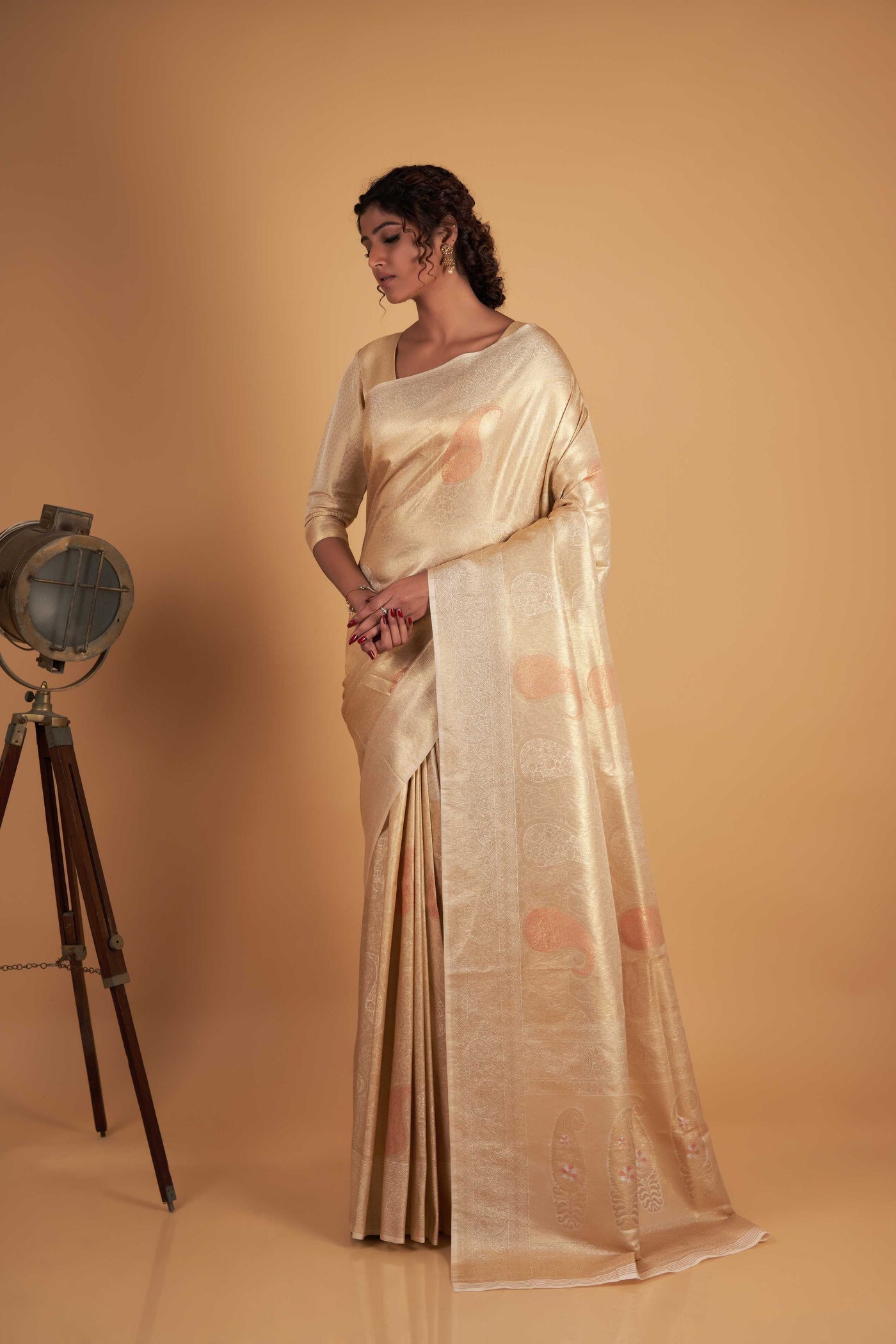 Off-White Gold Copper Silver Zari Kanjeevaram Saree