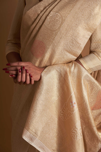 Off-White Gold Copper Silver Zari Kanjeevaram Saree