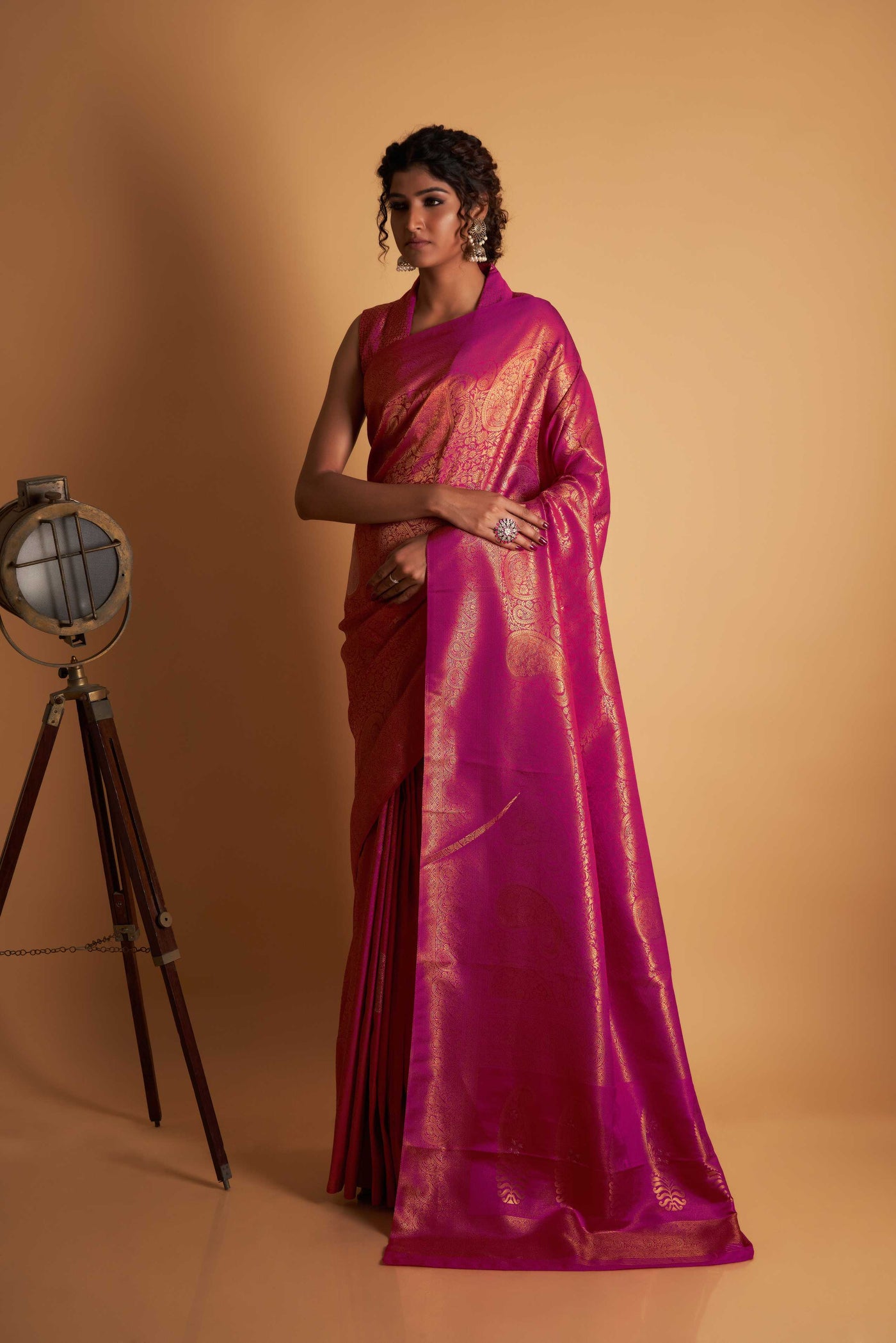 Pink Gold Copper Silver Zari Kanjeevaram Saree