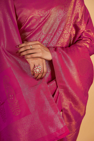 Pink Gold Copper Silver Zari Kanjeevaram Saree